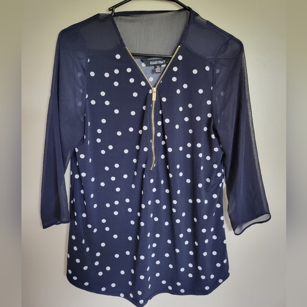 Ellen Tracy Women's Navy Polka Dot Front Zipper Blouse Size Small - Picture 1 of 4